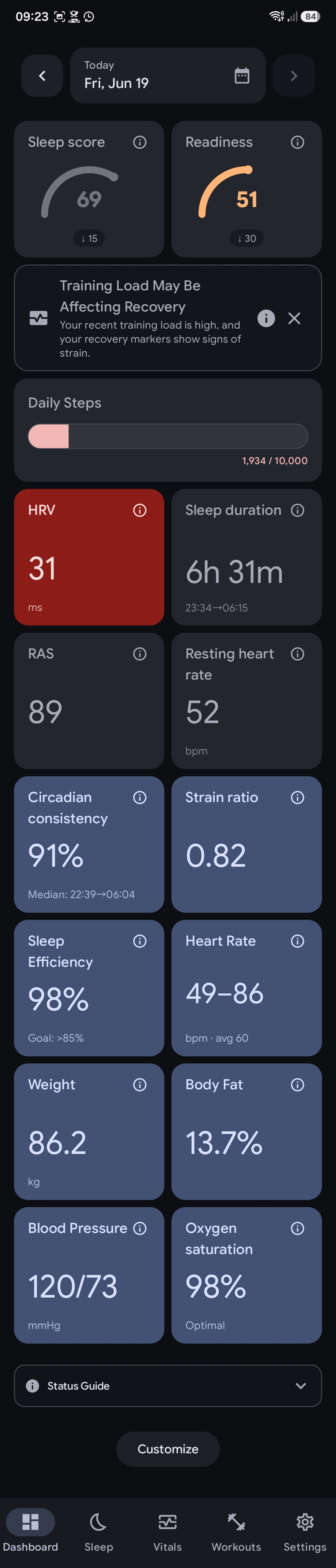 Dashboard screen showing sleep score, readiness, daily steps, HRV, and other vitals